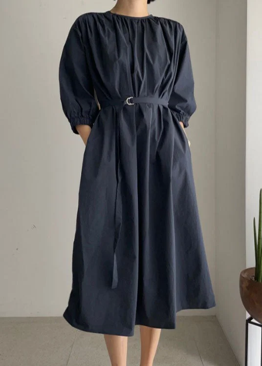 midi dresses with sleevesVintage Navy O-Neck tie waist Cotton Mid Dress Half Sleeve Long Dress