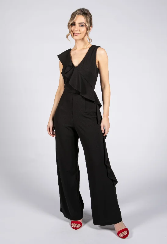 women's jumpsuits for petite womenBlack Ruffled Side Jumpsuit