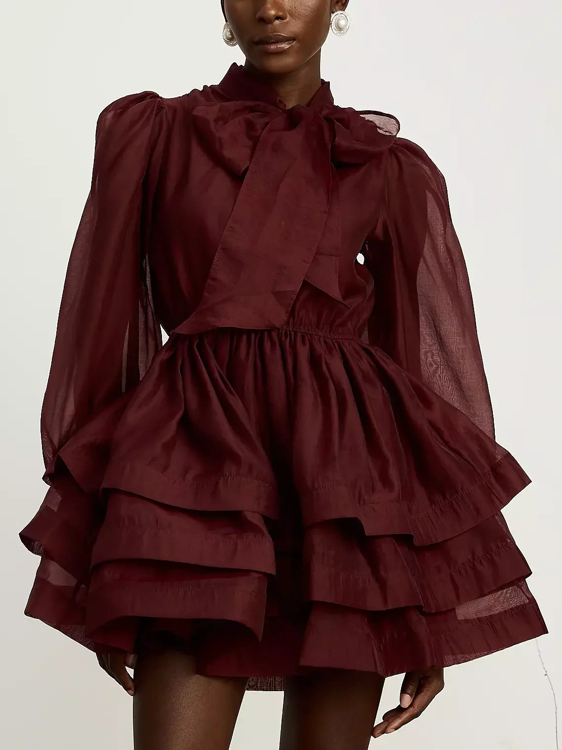 casual yet elegant Mimi dresses for daily wear and special occasionsTiered Flared Mini Dress with Neck Tie in Burgundy