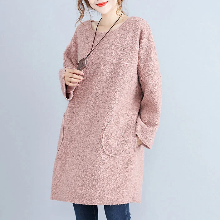 chic midi dressesfashion warm pink corduroy mid shift dresses oversize big pockets knit dress