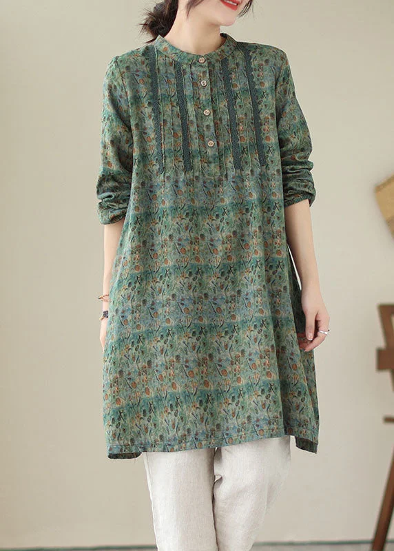 casual midi dressesGreen Patchwork Cotton Mid Shirts Dress Wrinkled Long Sleeve