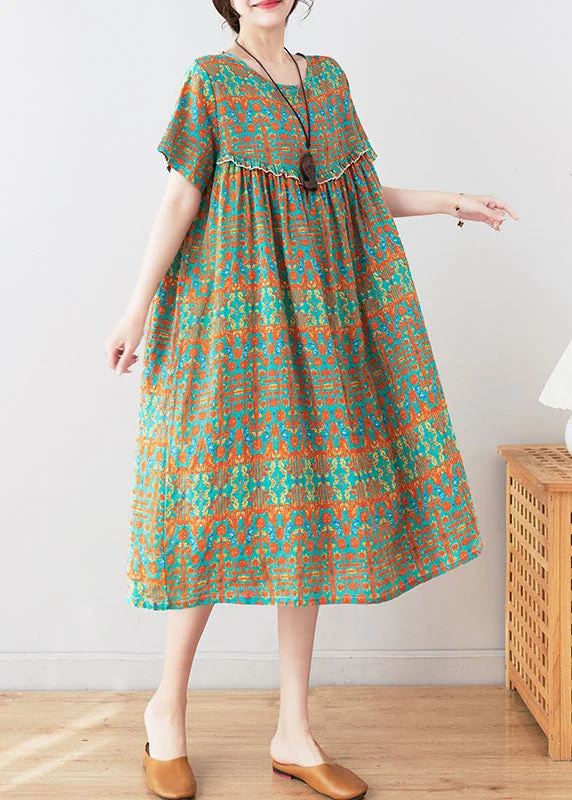 mid-length midi dressesStylish Green O Neck Wrinkled Print Patchwork Cotton Mid Dresses Summer