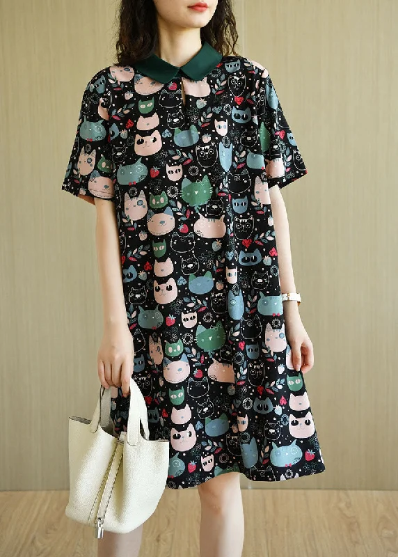 tween midi dressesDiy Black Peter Pan Collar Zippered Cat Print Chiffon Mid Dress Short Sleeve