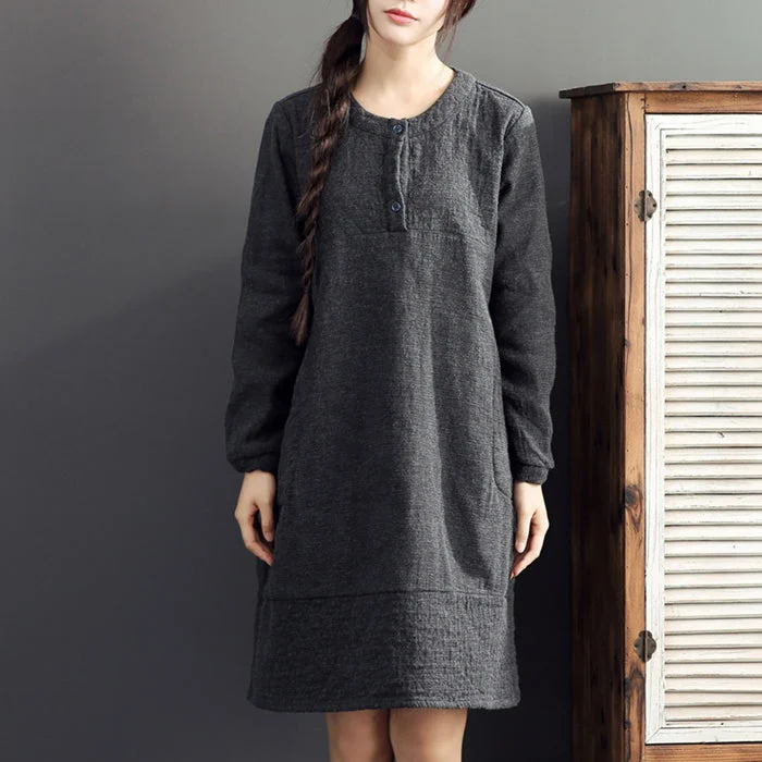 women's midi dressesgray warm cotton linen dresses plus size casual long sleeve mid dress 2024