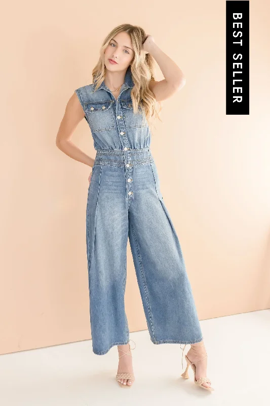 women's jumpsuits for bohemian chicBecca Sleeveless Button Down Denim Jumpsuit Medium Wash