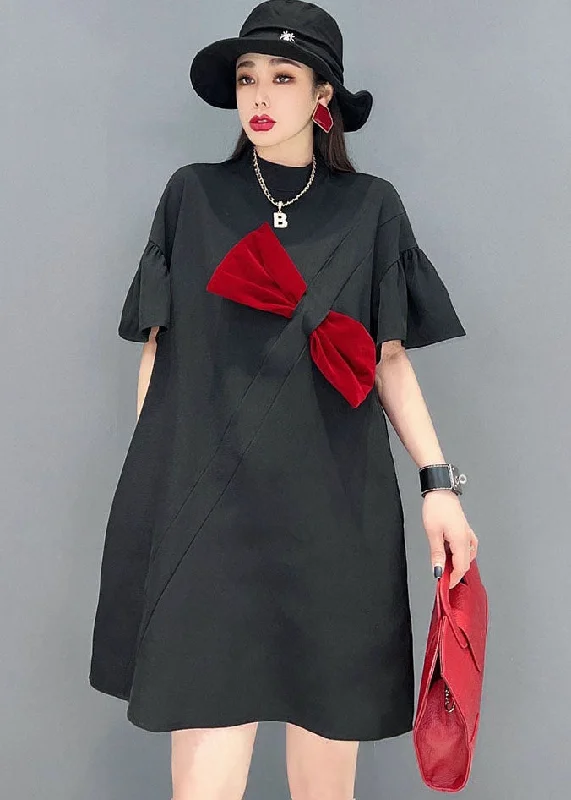 elegant evening midi dressesOrganic Black Brief Bow Patchwork Cotton Mid Dress Short Sleeve