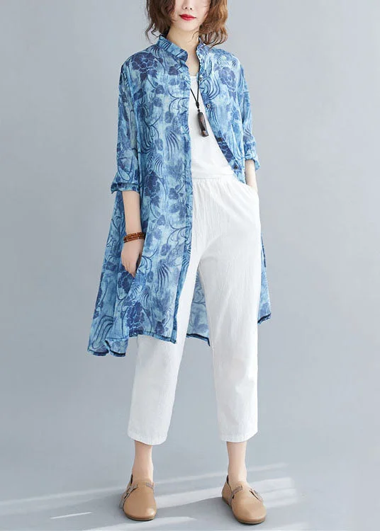 floral midi dressesCasual Blue Print Button Patchwork Linen Mid Shirts Dress Spring