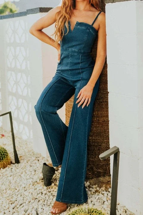 women's jumpsuits for sustainable fashionSavannah Sleeveless Wide Leg Denim Jumpsuit Dark Wash