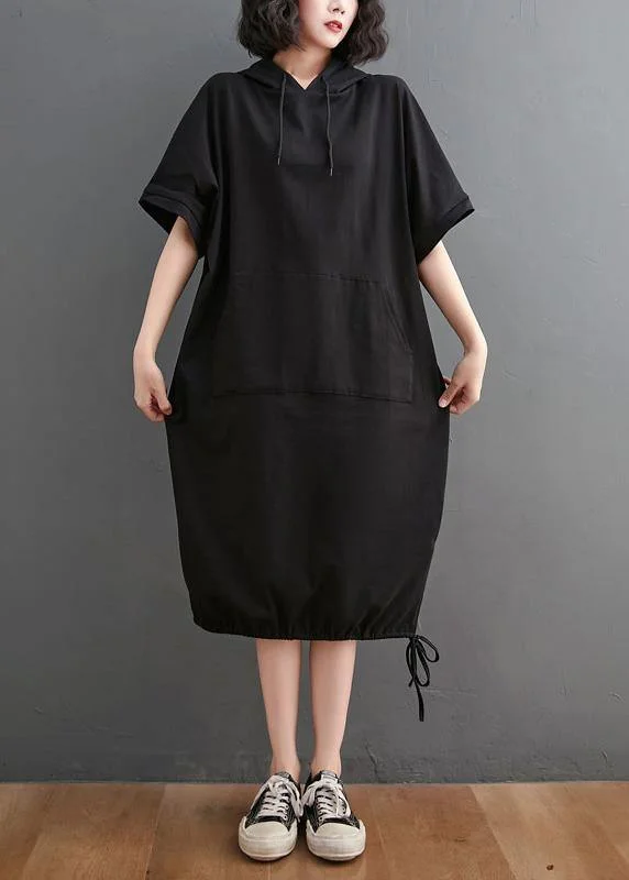 midi dresses with frillsChic Black hooded Pockets Mid Summer Cotton Dress