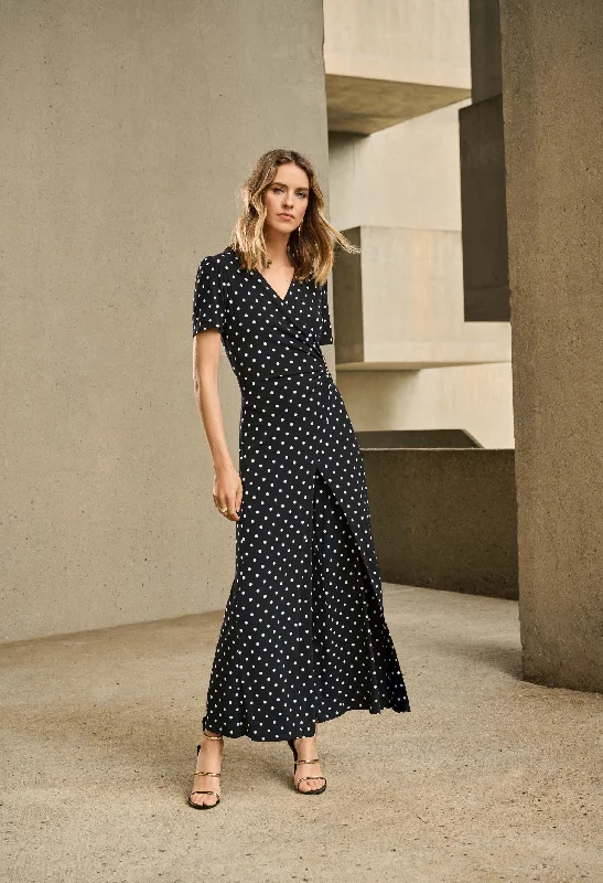 women's jumpsuits for maternity wearPolka Dot Wrap Jumpsuit