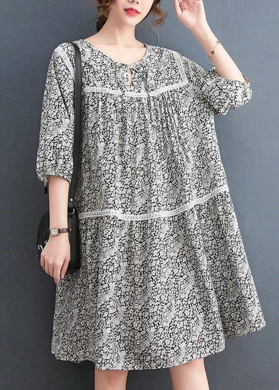 stretch midi dressesFrench O-Neck Lace Patchwork Print Cotton Mid Dress Three Quarter Sleeve