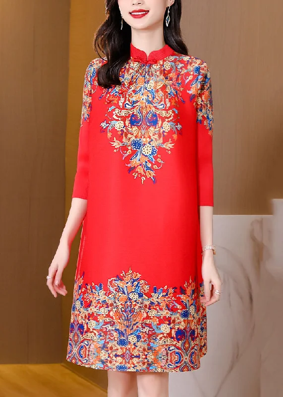 long-sleeved midi dressesRed Print Silk Elegant Mid Dress Mandarin Collar Oriental Button Half Sleeve