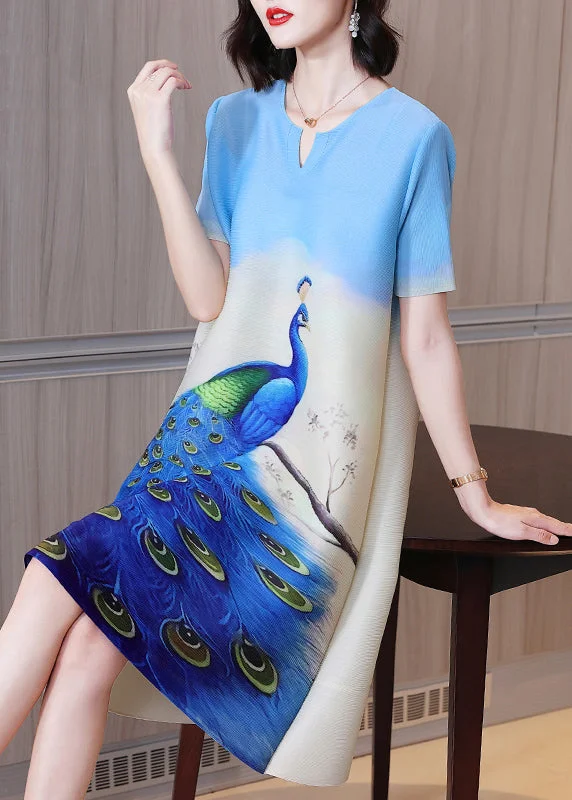 short sleeve midi dressesElegant Blue O-Neck Peacock Print Silk Mid Dress Short Sleeve