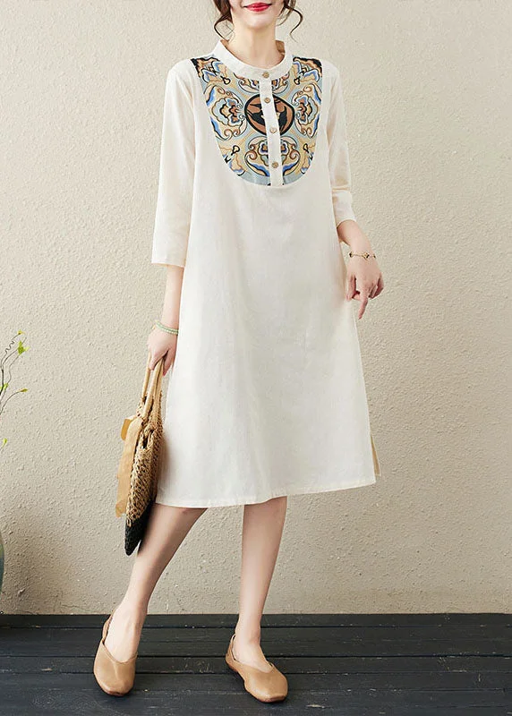 midi dresses for winterChinese Style Beige Stand Collar Print Patchwork Linen Mid Dresses Summer