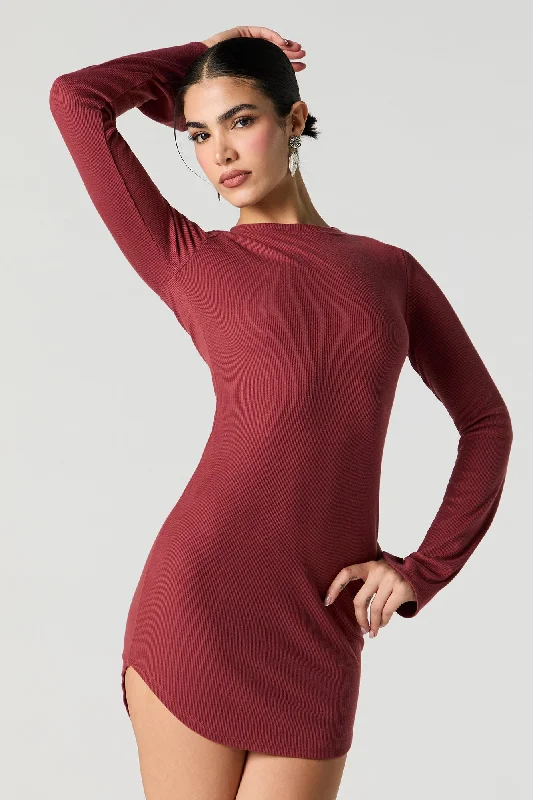 romantic Mimi dresses for datesRibbed Curved Hem Long Sleeve Mini Dress