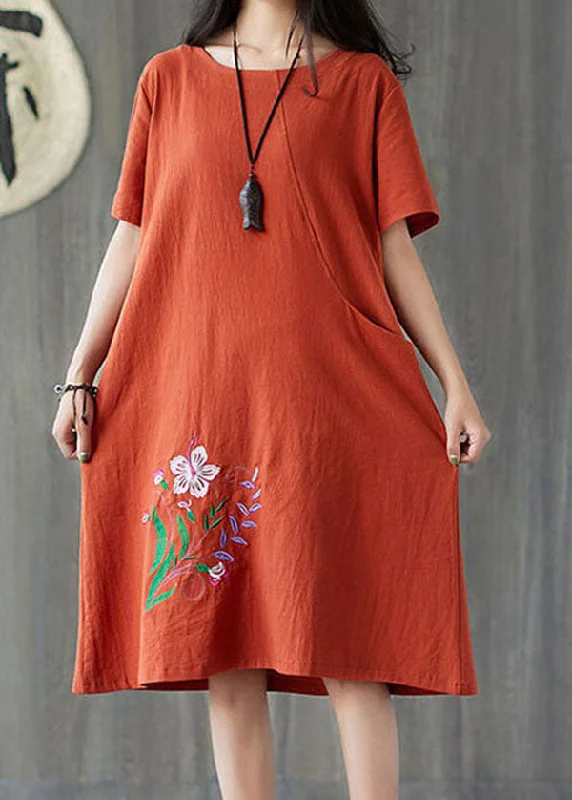 midi dresses with lace detailsHandmade Caramel O-Neck Embroideried Pocket Cotton Mid Dress Short Sleeve