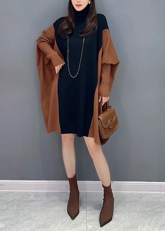 tie-waist midi dressesCasual Coffee Hign Neck Patchwork Cotton Mid Dress Batwing Sleeve