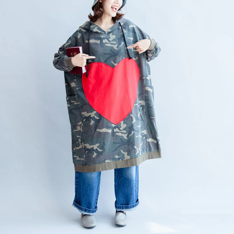 two-piece midi dressesgreen ruffles autumn cotton dresses plus size big loving heart hooded prints mid long casual dress