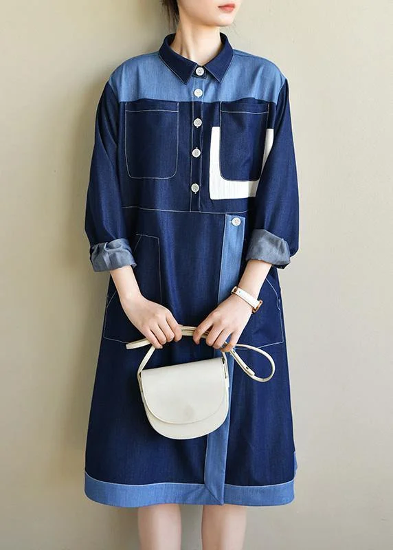 midi dresses without sleevesDIY Navy Long sleeve Chiffon Dress Patchwork Mid Dress