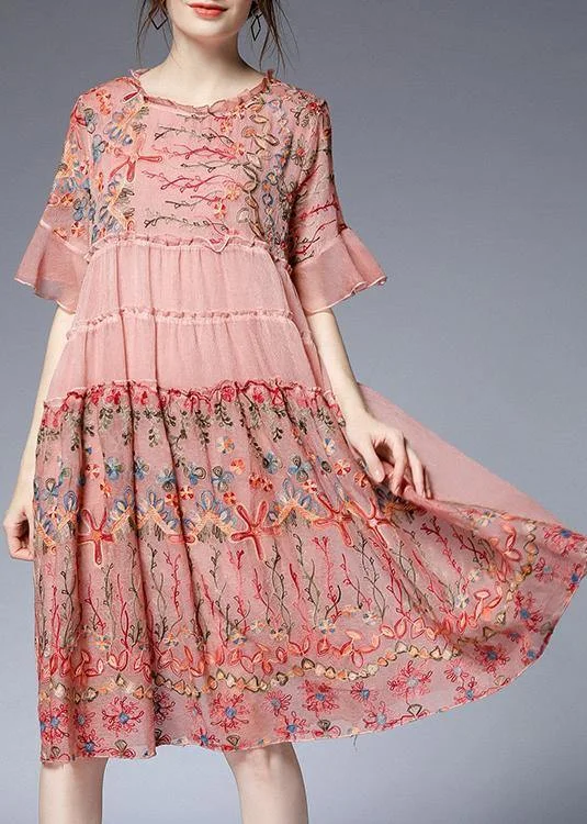 cotton midi dressesHandmade Pink Print Chiffon Rufflesflare Sleeve Summer Mid Dress