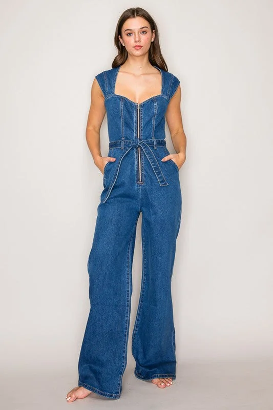 women's jumpsuits for laid-back looksTrinity Sleeveless Waist Tie Wide Leg Denim Jumpsuit Dark Wash