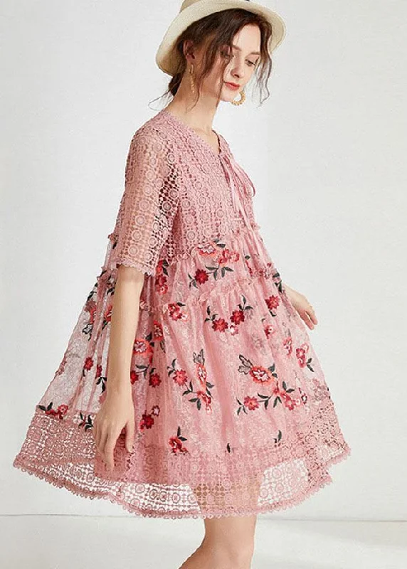 midi dresses for weddingsVintage Pink Hollow Out Embroideried Summer Mid Dress Half Sleeve