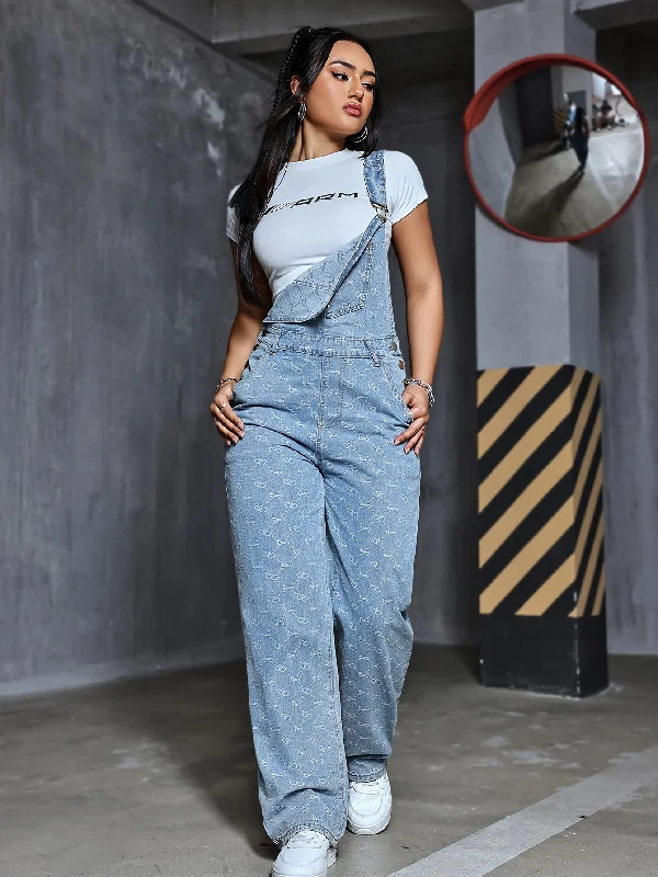 women's jumpsuits with V-necksWomen's Fashion Denim Overalls With Heart & Argyle Pattern, Comfortable Preppy Style, Versatile Washed Jean Jumpsuit With Pockets for autumn