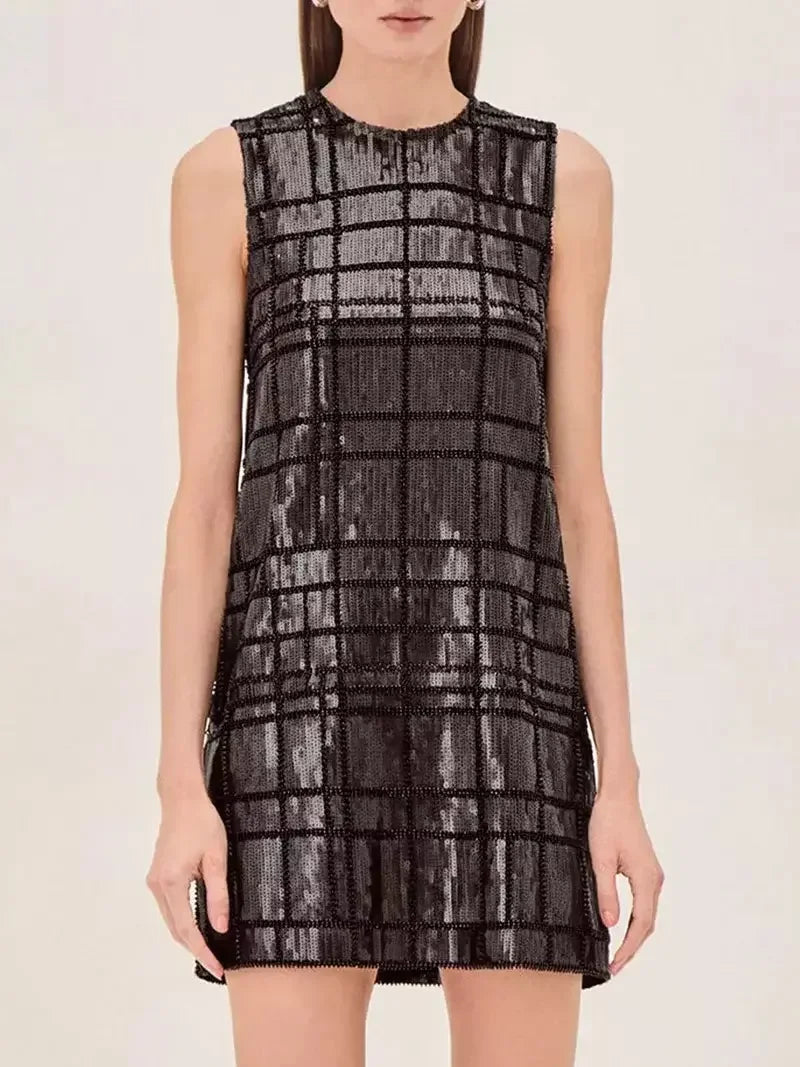 patterned maxi Mimi dresses for a bold statementSequin-Embellished Sleeveless Mini Dress in Black