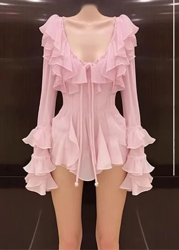 simple yet stylish midi dressesNovelty Pink Ruffled Lace Up Chiffon Mid Dress Long Sleeve