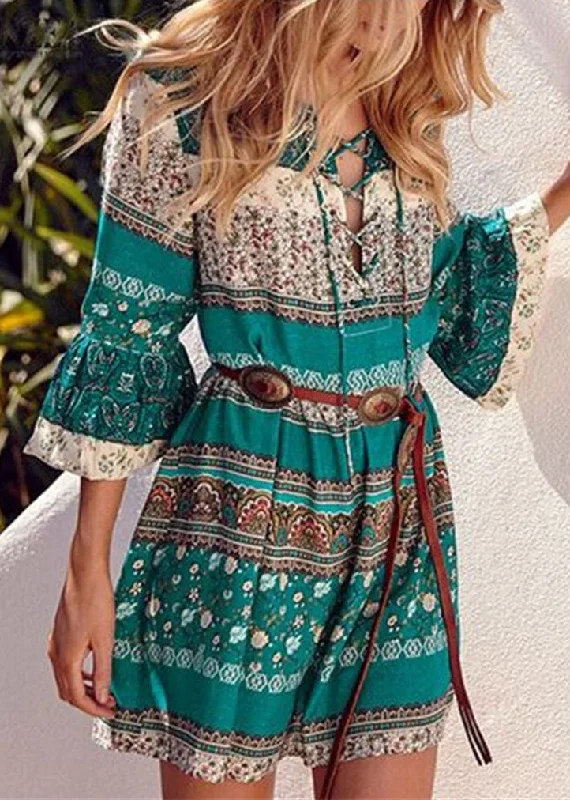 cotton blend midi dressesBohemian Green Print Lace Up Chiffon Vacation Mid Dresses Flare Sleeve