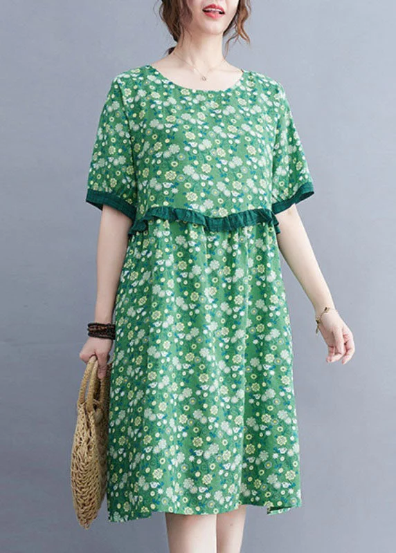 midi wrap dressesArt Green O-Neck Print Patchwork Ruffles Cotton Linen Mid Dresses Short Sleeve