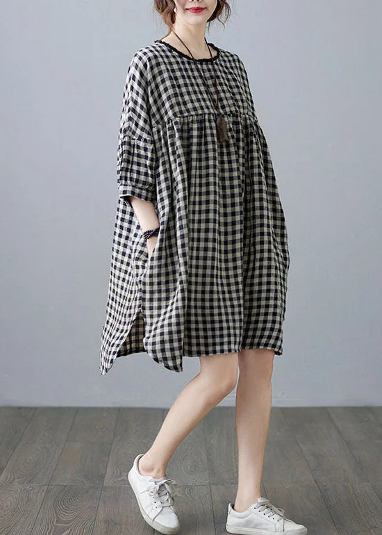 cotton midi dressesLoose Big Plaid O Neck Wrinkled Patchwork Linen Mid Dress Summer