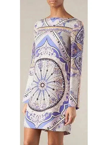 classic white Mimi dresses for weddingsPurple Printed Long-Sleeve Jersey Silk Mini Dress