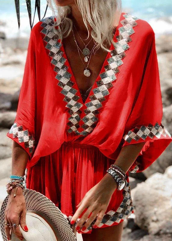 cinched-waist midi dressesBohemian Red V Neck Wrinkled Elastic Waist Print Mid Dress Half Sleeve