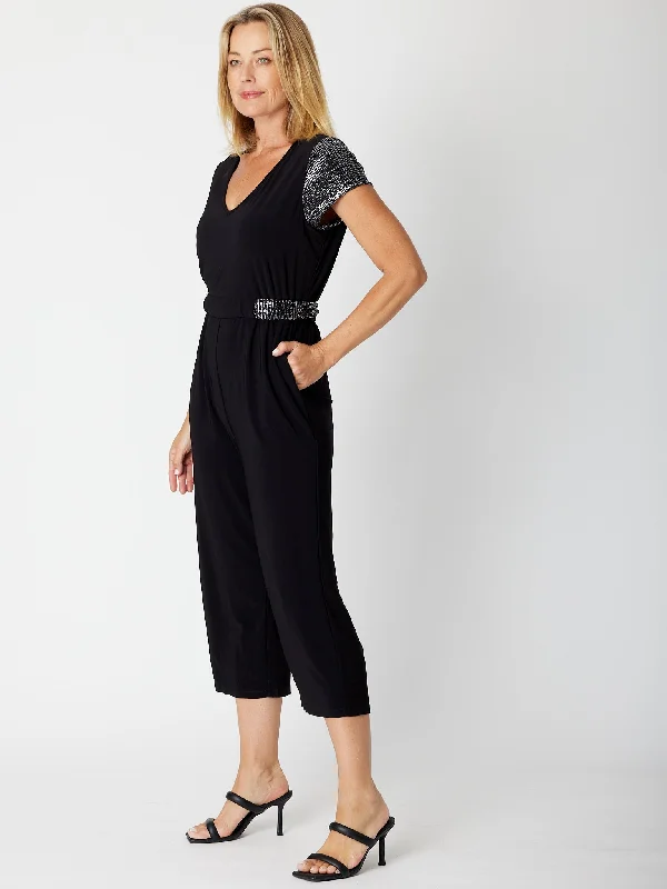 women's jumpsuits made of satinSequin Jersey Jumpsuit - Black/ Silver 30184