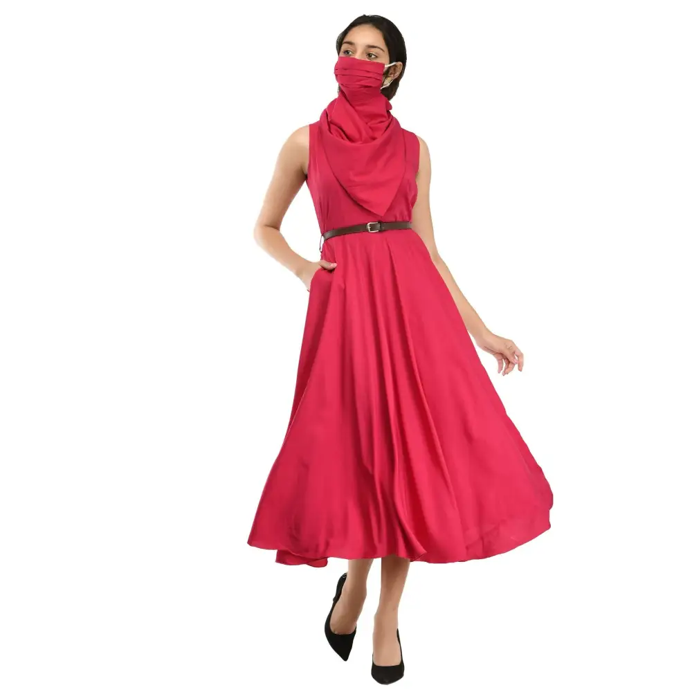 everyday midi dressesWomen's Crepe Solid Mid-Length Dress with Free Mask