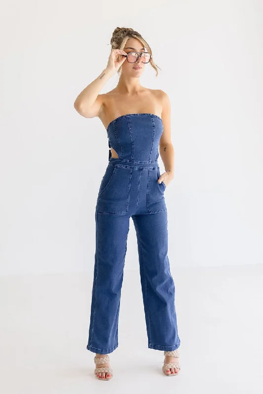 women's jumpsuits for machine-washable fabricsValencia Sleeveless Back Tie Wide Leg Denim Jumpsuit Dark Wash