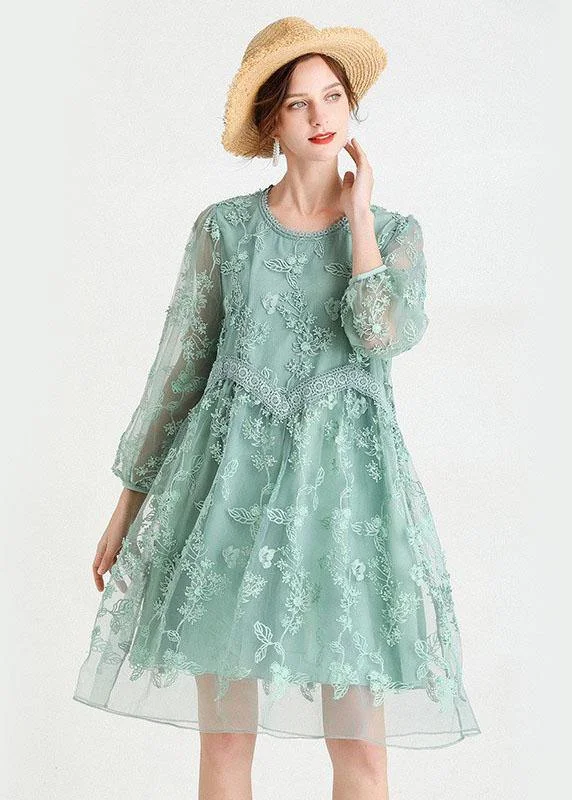 high-low midi dressesChic Green O-Neck Tulle A Line Fall Lace Long Sleeve Mid Dress