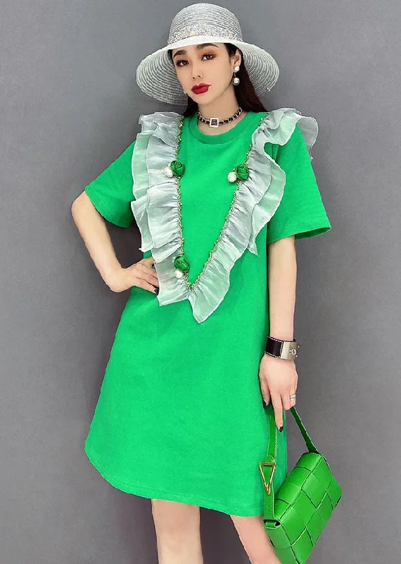 floral lace midi dressesBoutique Green O-Neck Patchwork Ruffles Cotton Mid Dress Short Sleeve