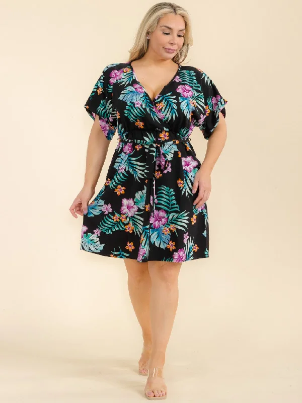 elegant and sophisticated Mimi dresses for a night out on the town.PLUS SIZE SHORT SLEEVE SURPLICE SELF TIE FLORAL MINI DRESS