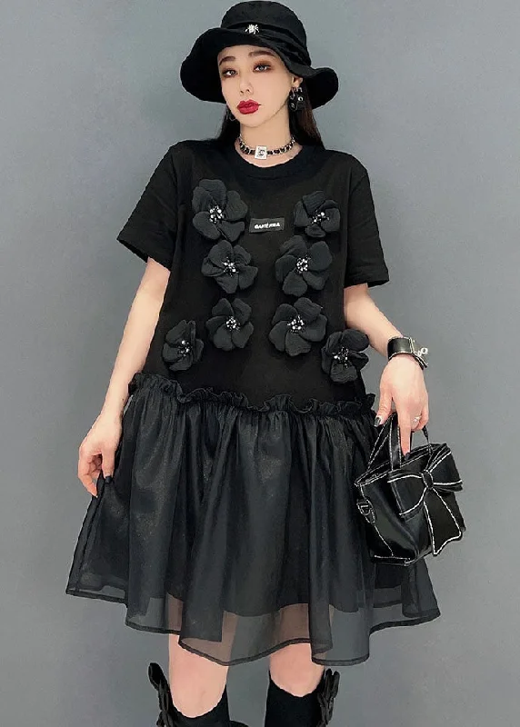 midi dresses for workItalian Black Ruffled Tulle Patchwork Floral Cotton Mid Dress Short Sleeve