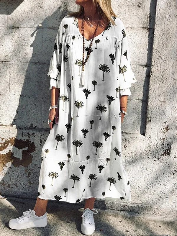 midi dresses in solid colorsWomen's Fashion Loose Mid Sleeve Printed Beach Dress