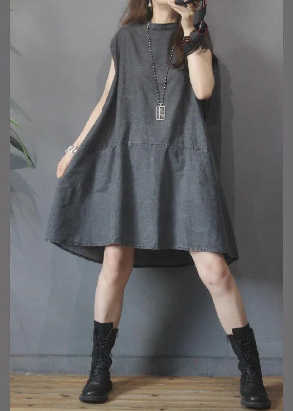 midi dresses with pockets and sleevesFitted Black Grey O-Neck low high design Summer Denim Mid Dress