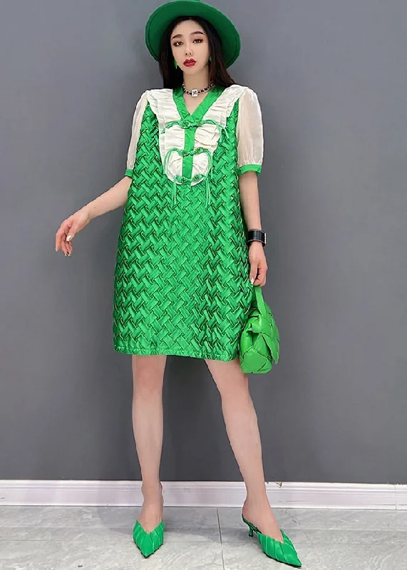 satin midi dressesCasual Green V Neck Patchwork Chiffon Women's Mid Dress Short Sleeve