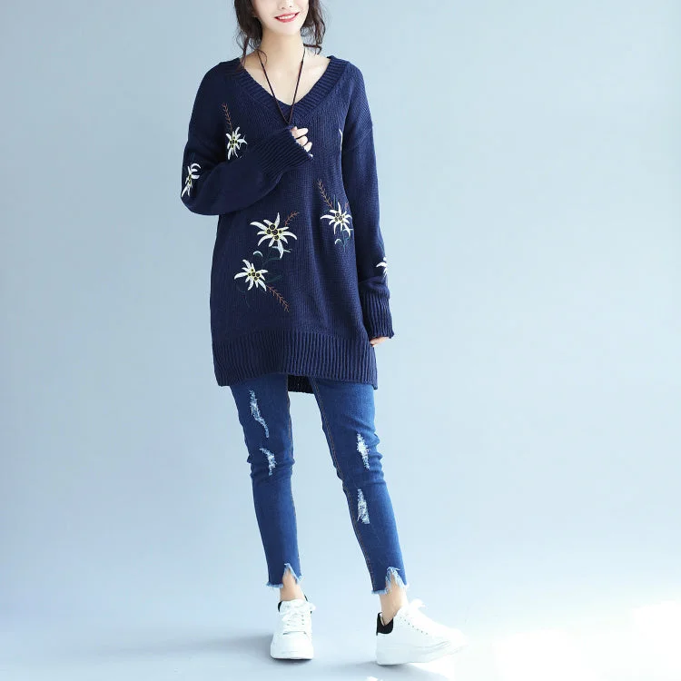 lace midi dressesautumn fashion blue embroidery sweater dress oversize mid long knit pullover dresses