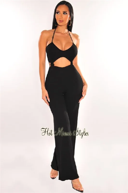 women's jumpsuits with long sleevesBlack Ribbed Halter Knotted Cut Out Palazzo Jumpsuit