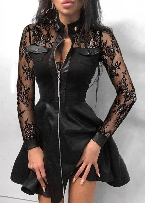 midi dresses for special occasionsStyle Black Lace Zip Up Patchwork Faux Leather Mid Dress Long Sleeve