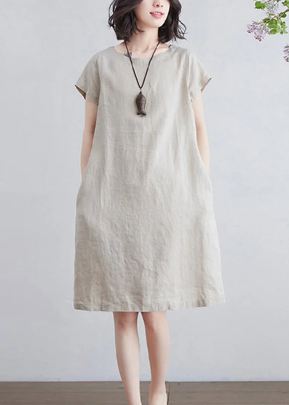 midi dresses with spaghetti strapsArt Beige O-Neck Tie Waist Linen Mid Dresses Short Sleeve