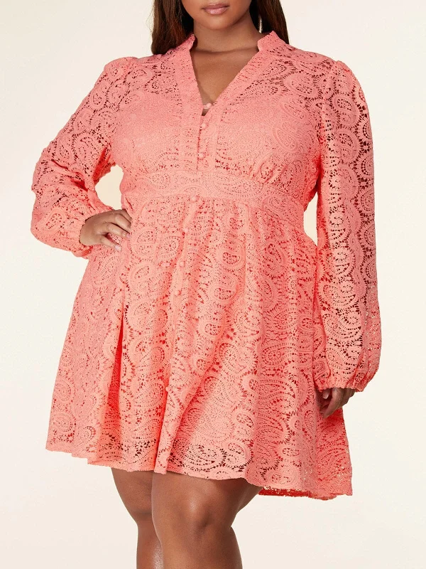 sleek Mimi dresses for business casualPLUS SIZE LONG SLEEVE LACE V-NECK FIT & FLARE MINI DRESS