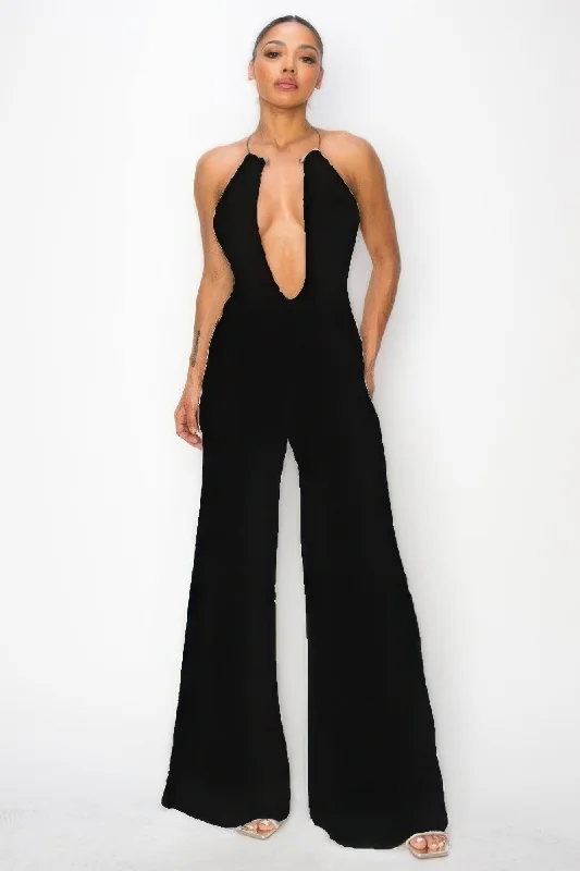 women's jumpsuits with spaghetti strapsSlinky Wide Leg Jumpsuit W/metal Choker Necklace